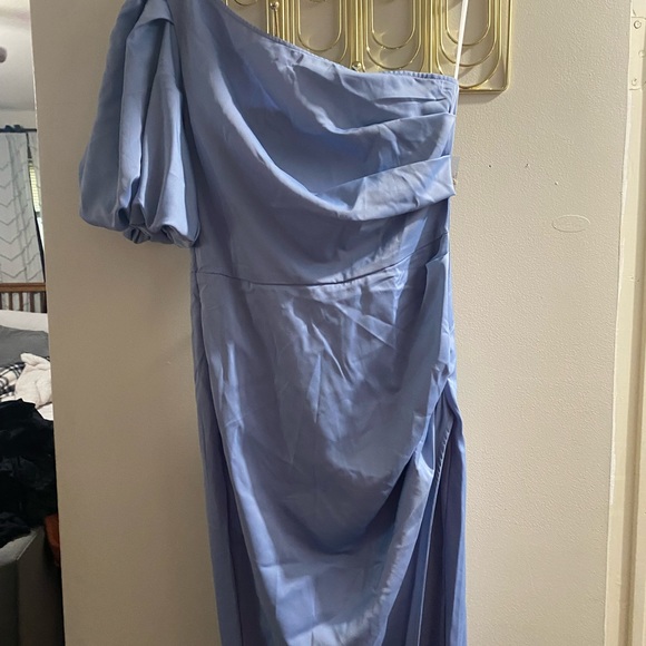 Blue One Shoulder Sleeve Dress with Slit - Picture 4 of 5